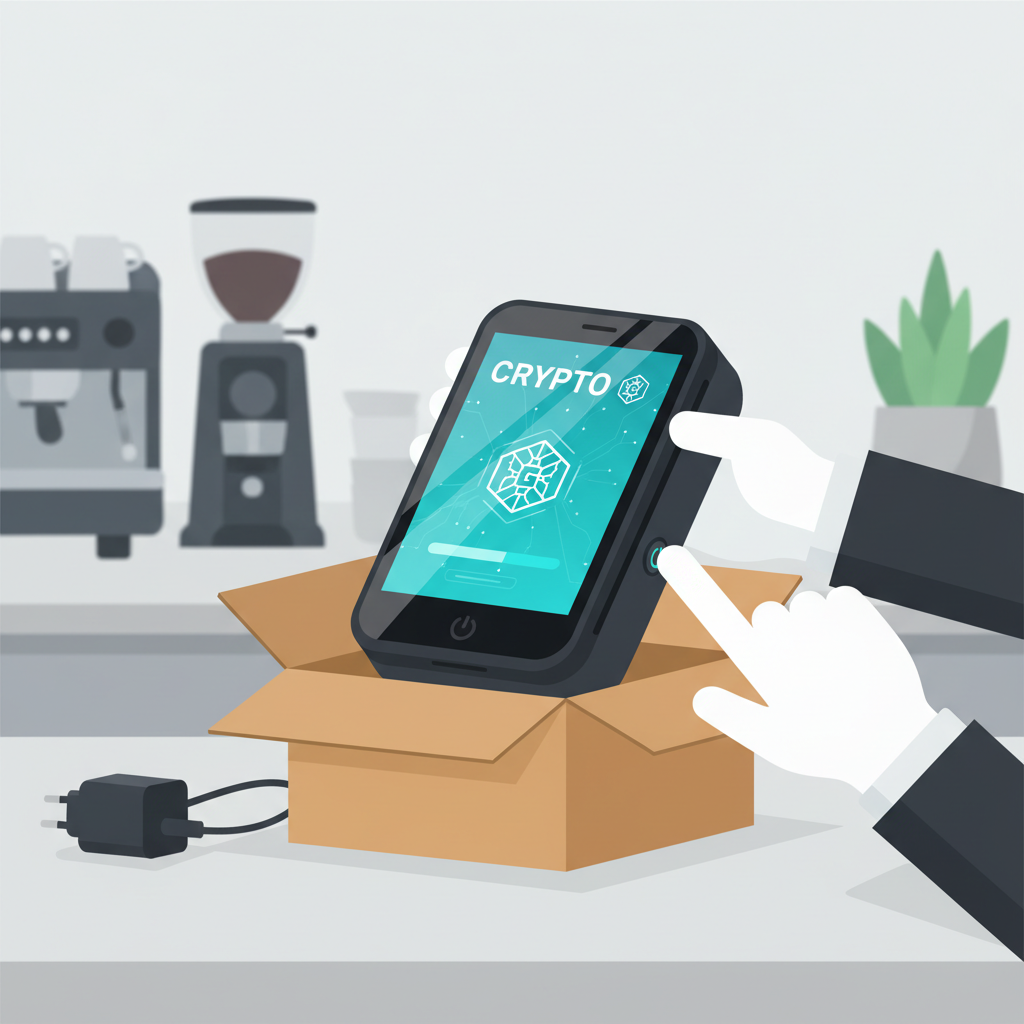 sleek black CryptoPOS terminal being unboxed on restaurant counter, powering on with glowing screen, professional lighting