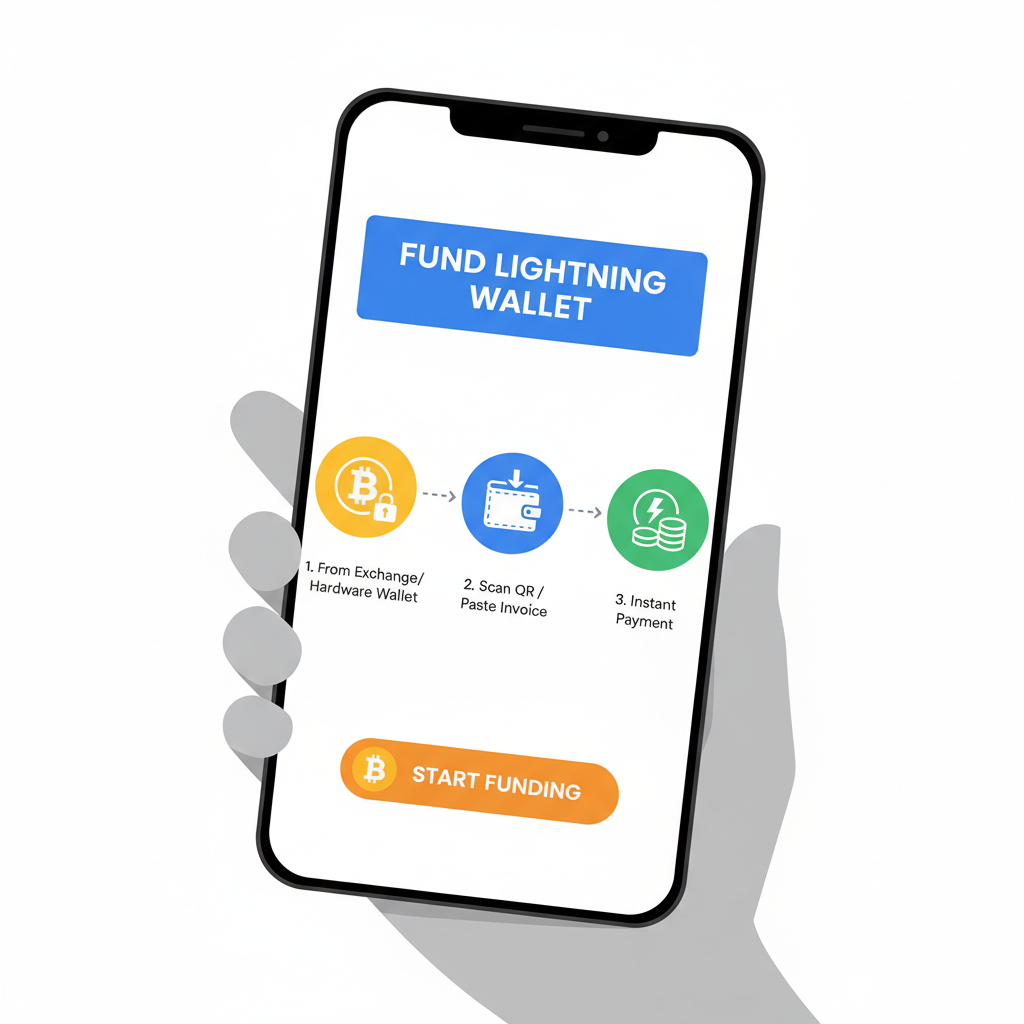 smartphone screen showing lightning wallet funding with bitcoin icons