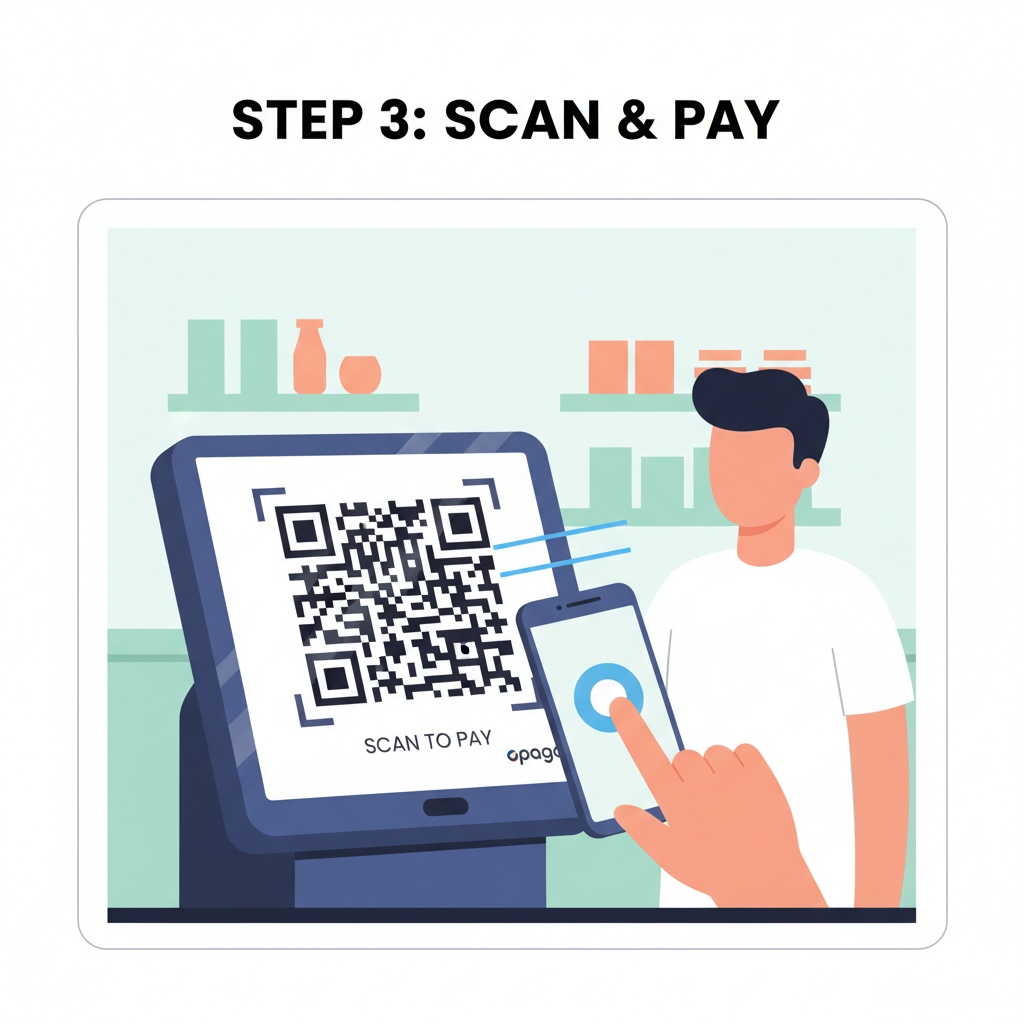 opago POS terminal displaying QR code for payment, customer scanning with phone in shop, clear screen focus