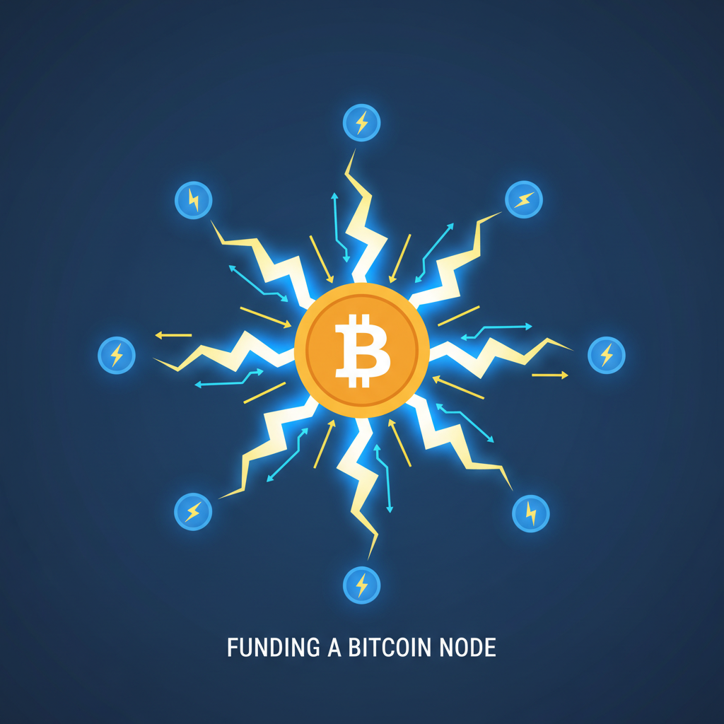 lightning network channels visualized as glowing electric bolts funding a Bitcoin node