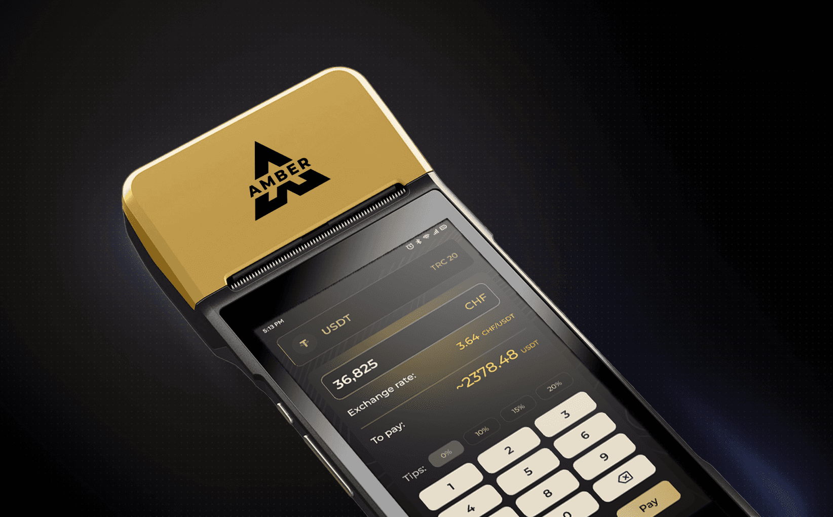 Busy retail shop counter with CryptoPOS HQ NFC USDC terminal processing Lightning Network payment in 2026, showcasing contactless crypto POS for retail stores