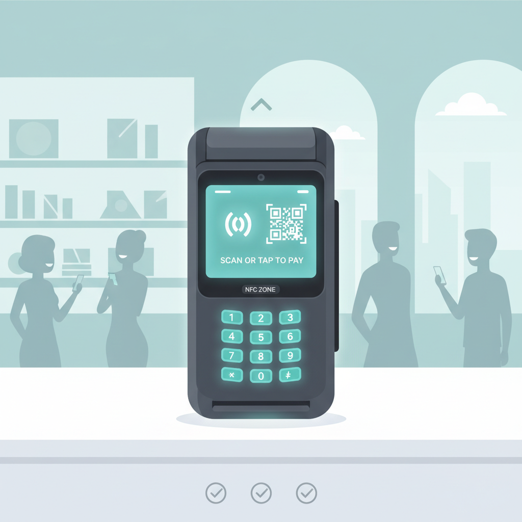 sleek Opago or Ingenico crypto POS terminal on retail counter, glowing NFC/QR screen, vibrant shop background