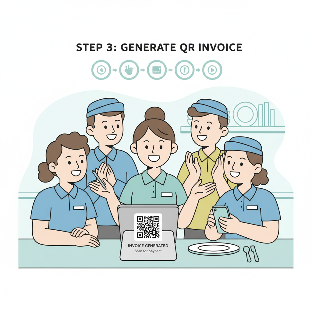 restaurant staff training group around POS terminal generating QR invoice smiles